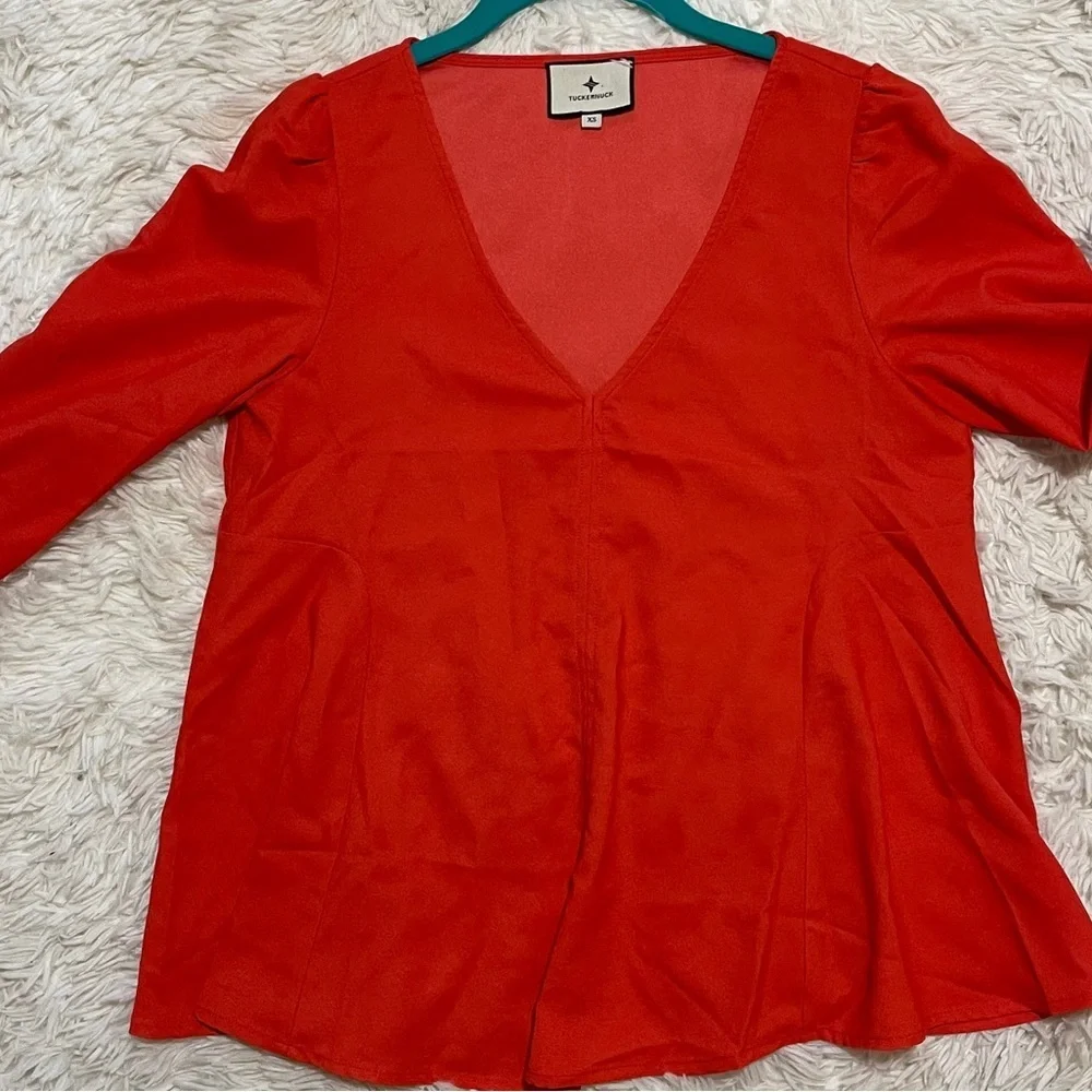 Tuckernuck Hollis Blouse Poppy Red Top Puff Sleeve Peplum Romantic Chic XS